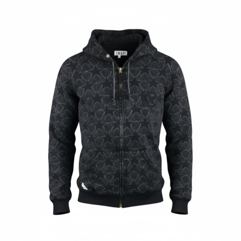 10.Deep Full Zip Hoodie Embroidered Star Pattern Black Size 2XL